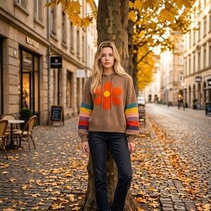 Cozy Brown Floral Hoodie Sweatshirt with Rainbow Sleeves